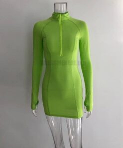 KGFIGU Long Sleeve Bodycon Dress For Women Zipper Casual Red Thumb Hole Mini Vestidos Lady Birthday Outfits Plus Size Shirts THUMB HOLE DRESSES Color: Green Size: XL 