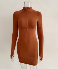 KGFIGU Long Sleeve Bodycon Dress For Women Zipper Casual Red Thumb Hole Mini Vestidos Lady Birthday Outfits Plus Size Shirts THUMB HOLE DRESSES color: Black|Blue|Camel|Coral Red|Dark Green|Gray|Green|Khaki|Lavender|Mint|Orange|Pink|Red|Rose|Sky blue|Taupe|White 