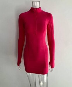 Thumb Hole Long Sleeve Bodycon Zipper Mini Dress THUMB HOLE DRESSES Color: Rose Size: S 