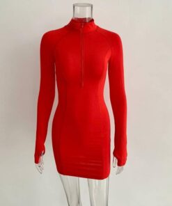 Thumb Hole Long Sleeve Bodycon Zipper Mini Dress THUMB HOLE DRESSES Color: Red Size: XL 