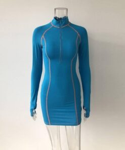 Thumb Hole Long Sleeve Bodycon Zipper Mini Dress THUMB HOLE DRESSES Color: Sky blue Size: XL 