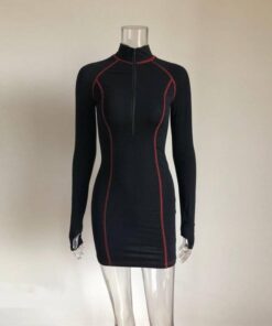 Thumb Hole Long Sleeve Bodycon Zipper Mini Dress THUMB HOLE DRESSES Color: Black Size: XL 
