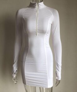 Thumb Hole Long Sleeve Bodycon Zipper Mini Dress THUMB HOLE DRESSES Color: White Size: XL 