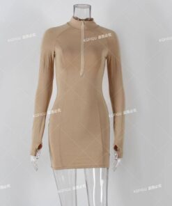 Thumb Hole Long Sleeve Bodycon Zipper Mini Dress THUMB HOLE DRESSES Color: Khaki Size: XL 