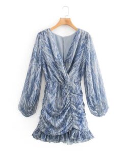 snakeskin print ruffle dress lantern sleeve v neck sexy dresses spring autumn sukienka letnia za 2020 women vestido de mujer NEON COLOR DRESSES Color: Blue Size: M 