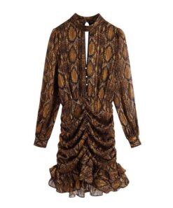 snakeskin print ruffle dress lantern sleeve v neck sexy dresses spring autumn sukienka letnia za 2020 women vestido de mujer NEON COLOR DRESSES Color: Brown Size: M 