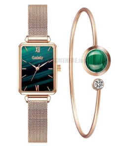 Gaiety Brand Women Watches Fashion Square Ladies Quartz Watch Bracelet Set Green Dial Simple Rose Gold Mesh Luxury Women Watches GIFTS Color: 2pcs Mesh Watch Set 