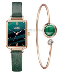 Gaiety Brand Women Watches Fashion Square Ladies Quartz Watch Bracelet Set Green Dial Simple Rose Gold Mesh Luxury Women Watches GIFTS Color: 2pcs Leather Set 