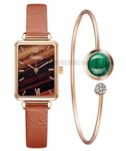 Gaiety Brand Women Watches Fashion Square Ladies Quartz Watch Bracelet Set Green Dial Simple Rose Gold Mesh Luxury Women Watches GIFTS Color: 2pcs Leather Set 