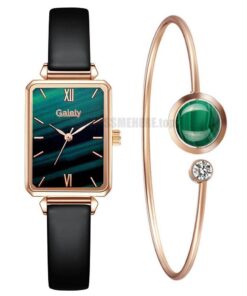 Gaiety Brand Women Watches Fashion Square Ladies Quartz Watch Bracelet Set Green Dial Simple Rose Gold Mesh Luxury Women Watches GIFTS Color: 2pcs Leather Set 