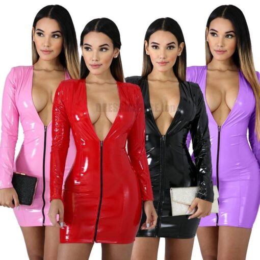 JRRY Women PU Leather Dresses Long Sleeve Zippers High Elasticity Sheath Clothing Deep V Neck Short Outdoor Wear LONG SLEEVE ZIP UP DRESSES color: Black|Pink|Purple|Red