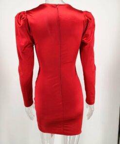 Satin Puff Long Sleeve Wrap Fold Mini Dresses SATIN TULIP HEM MINI DRESSES color: Blue|Red 
