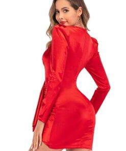 Satin Puff Long Sleeve Wrap Fold Mini Dresses SATIN TULIP HEM MINI DRESSES color: Blue|Red 