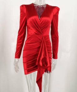 Sexy Red Satin Puff Long sleeve Bodycon Dress women summer Elegant silk autumn club party Dress wrap Fold Mini Dresses Vestidos SATIN TULIP HEM MINI DRESSES color: Blue|Red 