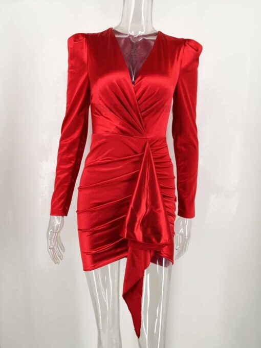 Sexy Red Satin Puff Long sleeve Bodycon Dress women summer Elegant silk autumn club party Dress wrap Fold Mini Dresses Vestidos SATIN TULIP HEM MINI DRESSES color: Blue|Red