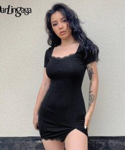 Darlingaga Square Neck Lace Patchwork Bodycon Black Dress Women Elegant Cotton Fashion Side Split Autumn Dress Mini Ladies Basic THUMB HOLE DRESSES Color: Black-Short Sleeve Size: M 