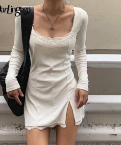  Lace Tight Knitted Thumbhole Side Split Autumn Mini Basic Dress THUMB HOLE DRESSES Color: White Size: M 