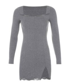  Lace Tight Knitted Thumbhole Side Split Autumn Mini Basic Dress THUMB HOLE DRESSES Color: Grey Size: L 
