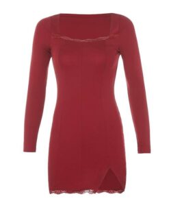  Lace Tight Knitted Thumbhole Side Split Autumn Mini Basic Dress THUMB HOLE DRESSES Color: Red Size: L 