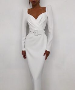 Elegant Buckle Belt V Neck Long Puff Sleeve Mid Calf Pencil Dress BUCKLE DRESSES Color: White Size: M 
