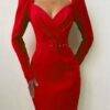 Elegant Party Women Dress Slim V Neck Long Sleeve Mid Calf Pencil Dress Office Red Puff Sleeve BUCKLE DRESSES color: Black|Red|White