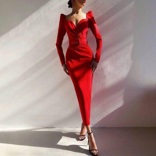 InstaHot Elegant Party Women Dress Slim V Neck Long Sleeve Mid Calf Pencil Dress 2020 Casual Office Lady Solid Red Puff Sleeve BUCKLE DRESSES color: Black|Red|White