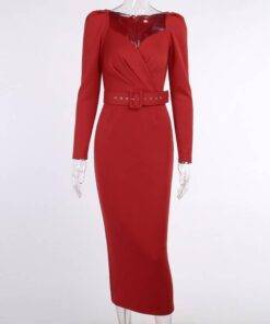 InstaHot Elegant Party Women Dress Slim V Neck Long Sleeve Mid Calf Pencil Dress 2020 Casual Office Lady Solid Red Puff Sleeve BUCKLE DRESSES color: Black|Red|White 