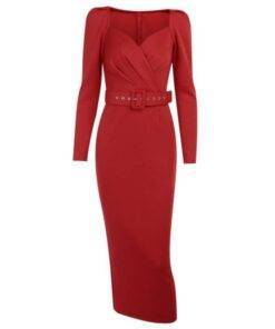 InstaHot Elegant Party Women Dress Slim V Neck Long Sleeve Mid Calf Pencil Dress 2020 Casual Office Lady Solid Red Puff Sleeve BUCKLE DRESSES color: Black|Red|White 
