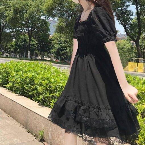 Japanese Harajuku Summer Women Black Mini Dress Square Collar High Waist Puff Sleeve Dress Gothic Lace Ruffles Cosplay Dresses SEXY GOTH DRESSES color: Long Sleeve|Short Sleeve