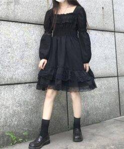 Japanese Harajuku Summer Women Black Mini Dress Square Collar High Waist Puff Sleeve Dress Gothic Lace Ruffles Cosplay Dresses SEXY GOTH DRESSES color: Long Sleeve|Short Sleeve 