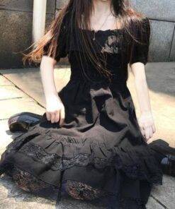 Japanese Harajuku Summer Women Black Mini Dress Square Collar High Waist Puff Sleeve Dress Gothic Lace Ruffles Cosplay Dresses SEXY GOTH DRESSES color: Long Sleeve|Short Sleeve 
