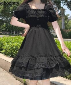 Japanese Harajuku Summer Women Black Mini Dress Square Collar High Waist Puff Sleeve Dress Gothic Lace Ruffles Cosplay Dresses SEXY GOTH DRESSES color: Long Sleeve|Short Sleeve 