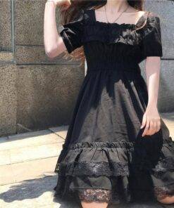 Sexy Goth Dress Mini Puff Sleeve Dress Lace Ruffles Dress