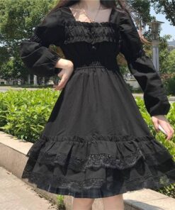 Japanese Harajuku Summer Women Black Mini Dress Square Collar High Waist Puff Sleeve Dress Gothic Lace Ruffles Cosplay Dresses SEXY GOTH DRESSES Color: Long Sleeve Size: One Size 