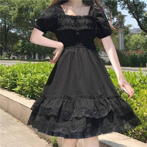 Japanese Harajuku Summer Women Black Mini Dress Square Collar High Waist Puff Sleeve Dress Gothic Lace Ruffles Cosplay Dresses SEXY GOTH DRESSES color: Long Sleeve|Short Sleeve
