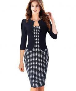 Nice-forever One-piece Faux Jacket Vintage Elegant Patterns Work dress Office Bodycon Female 3/4 Sleeve Sheath Women Dress b237 BEST BODYCON DRESSES color: Black and Flower|Blk and houndstooth|Light pink|Navy and white 