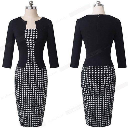 Nice-forever One-piece Faux Jacket Vintage Elegant Patterns Work dress Office Bodycon Female 3/4 Sleeve Sheath Women Dress b237 BEST BODYCON DRESSES color: Black and Flower|Blk and houndstooth|Light pink|Navy and white