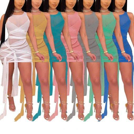 Ribbons Mesh See Through Bodycon Party Dresses Summer Women Sexy Clubwear Mini Dress Solid Sleeveless Female Outfits Vestidos BEST BODYCON DRESSES color: C|D|E|F|G|H|I|J|K|L1|N|O|P|Q|R|S1|T|U
