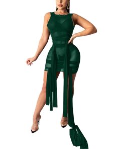 Ribbons Mesh See Through Bodycon Party Dresses Summer Women Sexy Clubwear Mini Dress Solid Sleeveless Female Outfits Vestidos BEST BODYCON DRESSES Color: P Size: 4XL 
