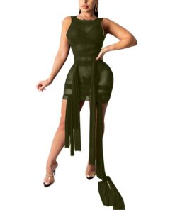 Ribbons Mesh See Through Bodycon Party Dresses Summer Women Sexy Clubwear Mini Dress Solid Sleeveless Female Outfits Vestidos BEST BODYCON DRESSES Color: U Size: 4XL 