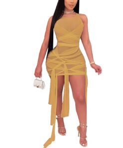 Ribbons Mesh See Through Bodycon Party Dresses Summer Women Sexy Clubwear Mini Dress Solid Sleeveless Female Outfits Vestidos BEST BODYCON DRESSES Color: D Size: 4XL 