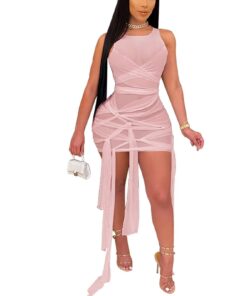 Ribbons Mesh See Through Bodycon Party Dresses Summer Women Sexy Clubwear Mini Dress Solid Sleeveless Female Outfits Vestidos BEST BODYCON DRESSES Color: C Size: 4XL 