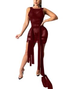Ribbons Mesh See Through Bodycon Party Dresses Summer Women Sexy Clubwear Mini Dress Solid Sleeveless Female Outfits Vestidos BEST BODYCON DRESSES Color: G Size: XXXL 
