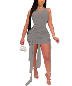 Ribbons Mesh See Through Bodycon Party Dresses Summer Women Sexy Clubwear Mini Dress Solid Sleeveless Female Outfits Vestidos BEST BODYCON DRESSES Color: I Size: 4XL 