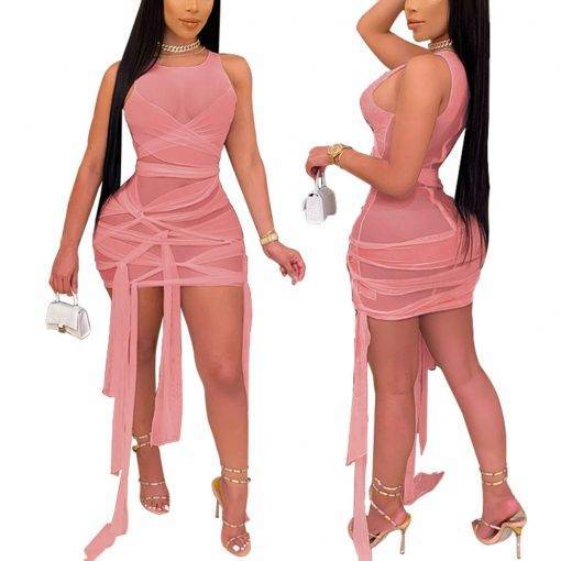 Ribbons Mesh See Through Bodycon Party Dresses Summer Women Sexy Clubwear Mini Dress Solid Sleeveless Female Outfits Vestidos BEST BODYCON DRESSES color: C|D|E|F|G|H|I|J|K|L1|N|O|P|Q|R|S1|T|U
