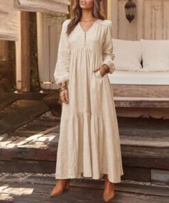 Bohemian Shirt Dress Women’s Maxi Sundress ZANZEA 2021 Spring Elegant Casual V Neck Ruflle Vestido Female Long Sleeve Tunic Robe NEON COLOR DRESSES Color: A Beige Size: 5XL 