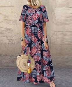 ZANZEA Fashion Summer Maxi Dress Women’s Printed Sundress Casual Short Sleeve Vestidos Female High Waist Robe Femme NEON COLOR DRESSES Color: A2 Red Rayon Size: 4XL 