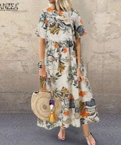 ZANZEA Fashion Summer Maxi Dress Women’s Printed Sundress Casual Short Sleeve Vestidos Female High Waist Robe Femme NEON COLOR DRESSES Color: A4 Cotton Yellow Size: S 