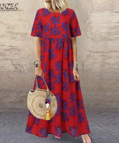 ZANZEA Fashion Summer Maxi Dress Women’s Printed Sundress Casual Short Sleeve Vestidos Female High Waist Robe Femme NEON COLOR DRESSES Color: A6 Red RayonCotton Size: L 