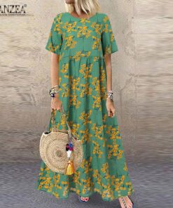 ZANZEA Fashion Summer Maxi Dress Women’s Printed Sundress Casual Short Sleeve Vestidos Female High Waist Robe Femme NEON COLOR DRESSES Color: A6 Green RayonCotton Size: L 